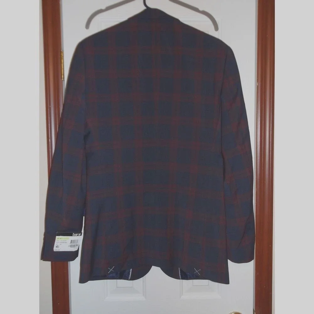 Bar III Men's‎ Slim Fit Plaid Blazer Burgundy Navy Wool Blend 36R